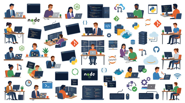 Diverse group of people engaged in coding and technology related tasks on laptops computers and servers illustrating software development and digital innovation