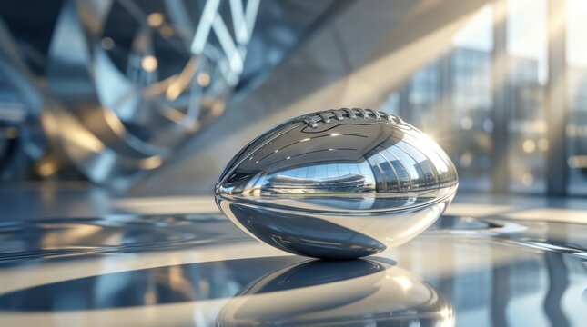 Polished chrome American football resting on a reflective surface in a modern architectural building with sunlight beams and metallic structural elements in the background.