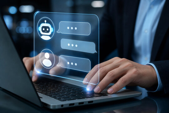 AI chatbot interface above laptop keyboard, conversational artificial intelligence, virtual assistant, customer support automation, business communication, generative AI technology digital interaction
