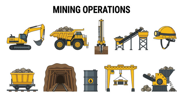 Collection of mining operation equipment and machinery illustrations on a white background