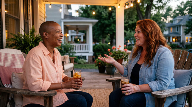 Diverse female friends enjoying drinks and conversation on a suburban front porch at sunset
