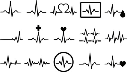 Obraz premium ECG heartbeat pulse cardiogram line silhouettes vector icon set isolated