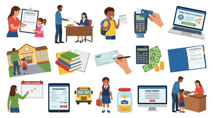 Fototapeta premium Back to school expenses and financial planning for education with children parents and school supplies icons