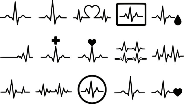 ECG heartbeat pulse cardiogram line silhouettes vector icon set isolated