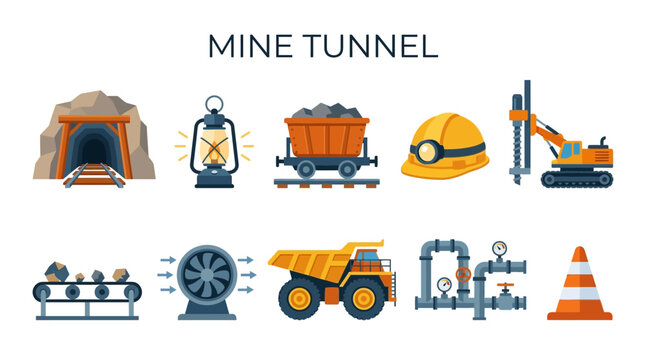 Flat vector mining infographic elements, depicting underground tunnels, tools, and machinery