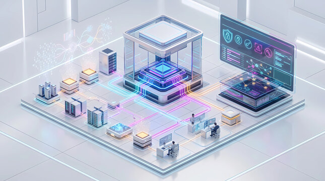 Isometric quantum computer processor in datacenter with cybersecurity dashboard and cloud server infrastructure 3D illustration