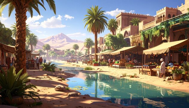 Market- -A bustling marketplace inside a massive canyon, colorful silk cano 