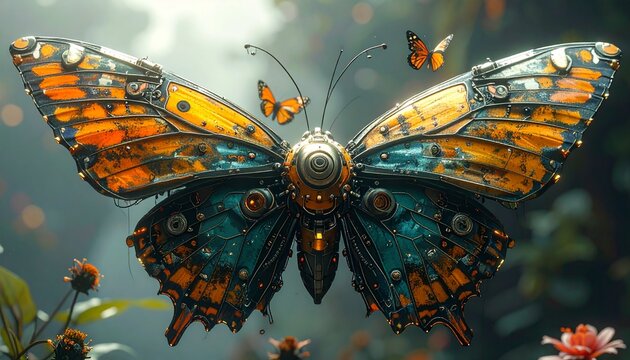 Cybernetic Butterfly- -A mechanical butterfly perched on a computer 