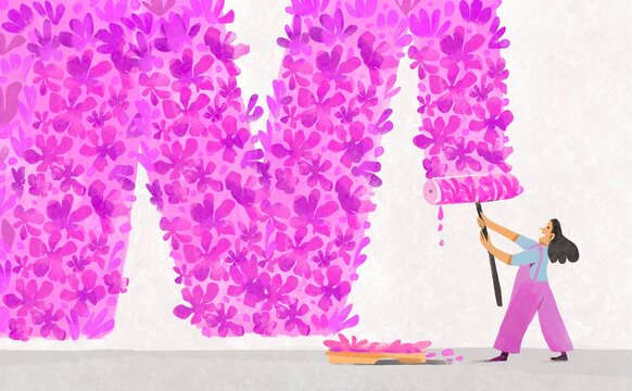 Woman Painting Wall into Blooming Flowers &ndash; Spring Renewal Concept