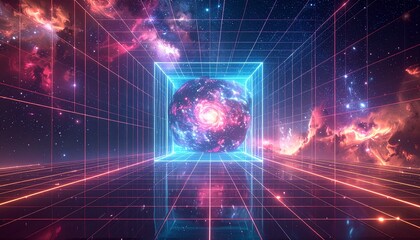 Obraz premium Grid Void- -An absolute black void where an infinite grid of thin neon 