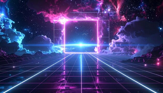 Grid Void- -An absolute black void where an infinite grid of thin neon 