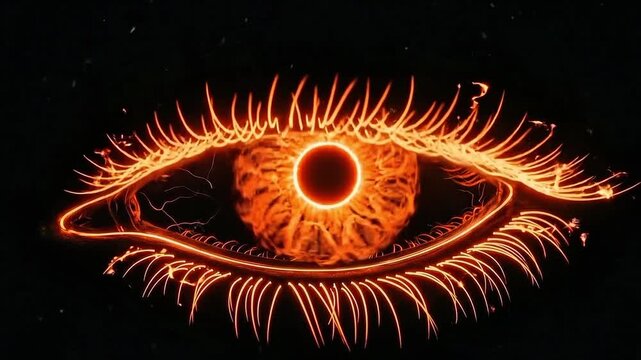 Glowing human eye with fiery orange iris and long eyelashes on black background