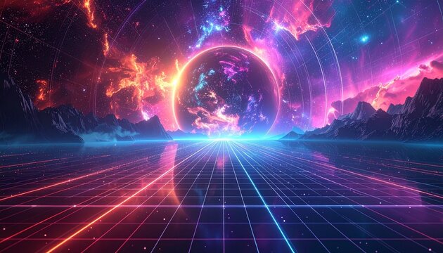 Grid Void- -An absolute black void where an infinite grid of thin neon 