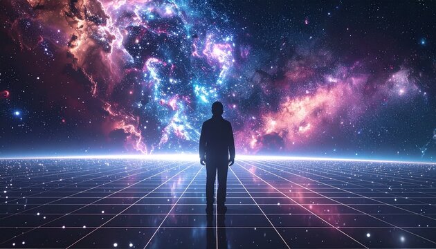 Grid Void- -An absolute black void where an infinite grid of thin neon 