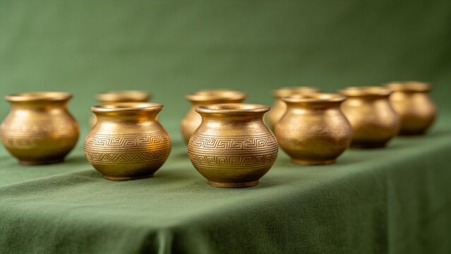 Golden ornate pots on green cloth
