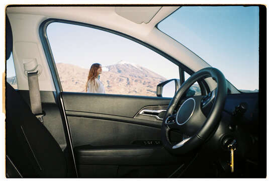 Woman Standing Outside a Car Mount Teide view