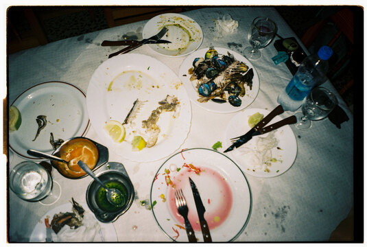 Dinner Table After a Seafood Meal in a Restaurant