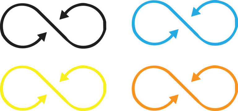 Infinity loop arrow icons set, colorful endless cycle symbols in black blue yellow and orange, 4 vector circular motion graphic elements