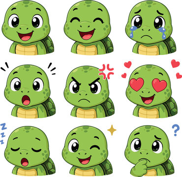 AI generated cute turtle character expressions and emoji vector set