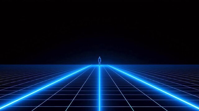 Person walking on glowing grid path