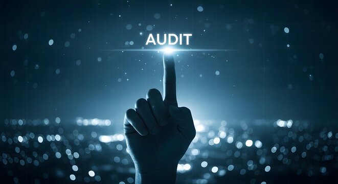 Audit concept hand pressing button with digital audit text on blue background