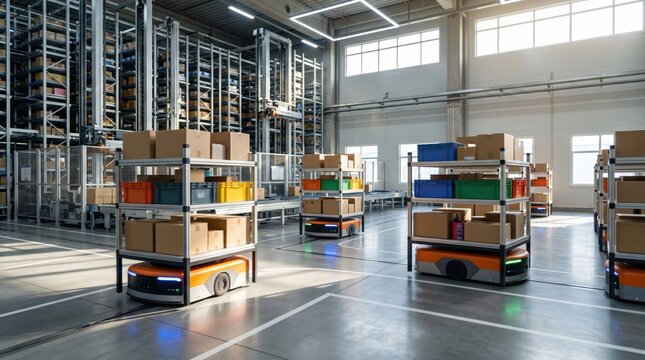 Autonomous mobile robots transporting goods on shelves in a fully automated modern warehouse, showcasing advanced logistics