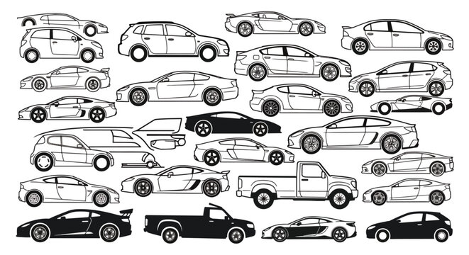 Collection of Diverse Car Silhouettes and Outlines.