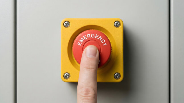 Finger pressing red emergency button on yellow panel