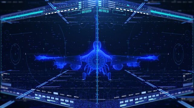 3D Blue Fighter Jet HUD Interface Motion Graphics, Futuristic Military Aircraft Wireframe Rotating with Tactical Data Metrics, Radar Scanning, and Weapon Tracking Dashboard Elements. 4K Seamless Loop