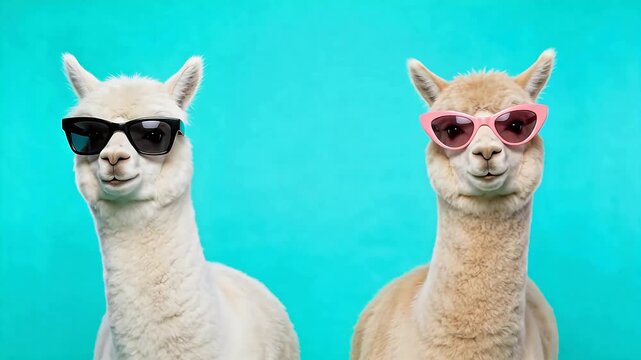 Two alpacas wearing sunglasses