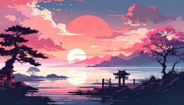 Glitch Horizon- -A traditional Japanese ink wash landscape (Sumi-e) depict 