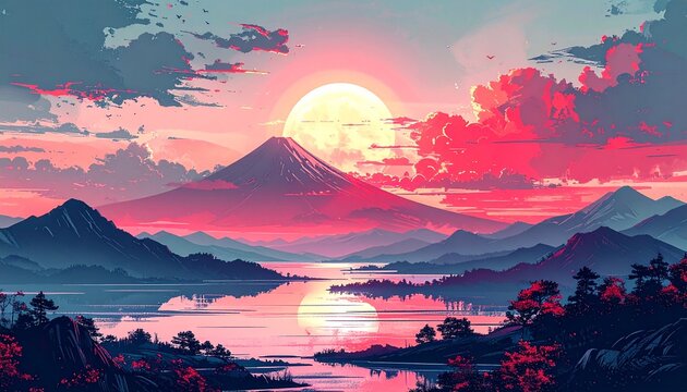 Glitch Horizon- -A traditional Japanese ink wash landscape (Sumi-e) depict 