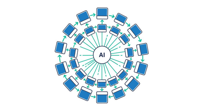 Artificial intelligence hub distributing data and information across a network of interconnected devices arranged in a circular pattern portraying technological advancement and digital