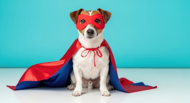 Small dog wearing red and blue superhero cape and mask sitting on white surface against blue background