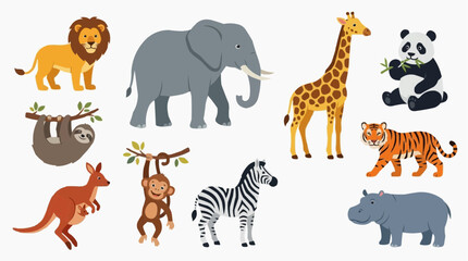 Obraz premium Collection of Cute Cartoon Zoo Animals Including Lion Elephant Giraffe Panda Tiger