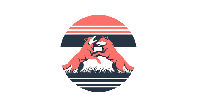 Retro sunset wolf illustration of two wolves playing