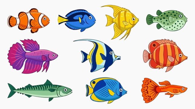 Collection of Diverse Cartoon Fish Species Underwater Life