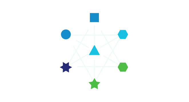 Abstract geometric composition showcasing a network of colorful shapes including squares circles triangles hexagons and stars connected by subtle lines representing data or relationships on a