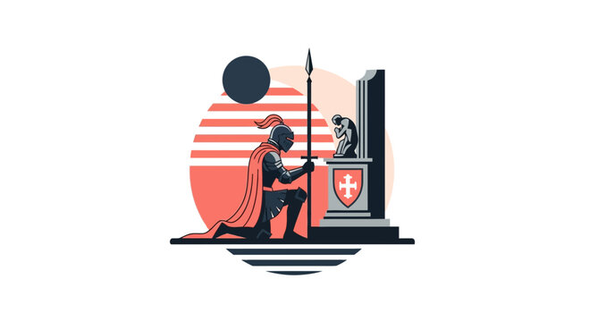 Medieval Knight Kneeling in Prayer Vector Illustration