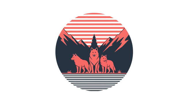 Wolf Pack Mountain Landscape Circular Vector Art