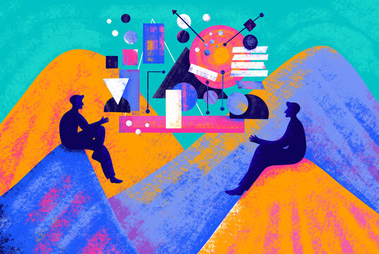 Two people having a discussion on colorful hills 