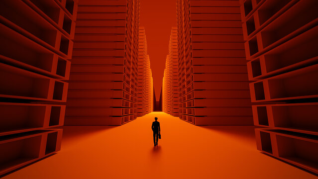 Businessman walks through data servers with briefcase in hand