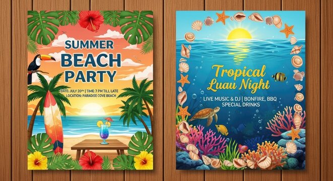 Summer beach party and tropical luau night event posters