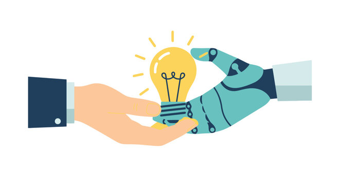 Human hand offering a glowing light bulb to an augmented hand symbolizing embracing innovation and technological advancement in a collaborative partnership for new ideas and creative inspiration