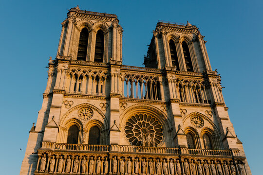 The facade of Notre Dame Cathedral in Paris, France