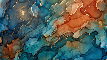 Fototapeta premium Blue and copper alcohol ink marble art.