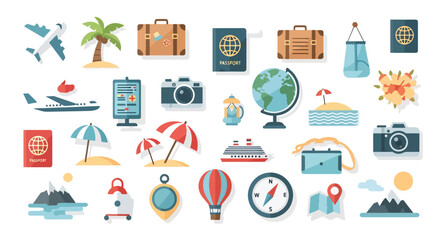 Collection of travel and vacation themed icons and elements. © MASJAB