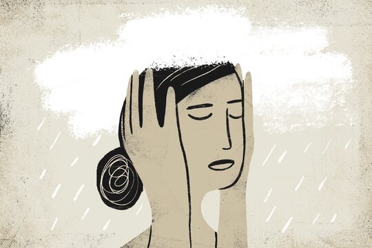 Female head with raining cloud