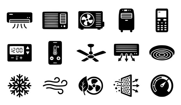 A professional icon set representing air conditioning, climate control, and home HVAC concepts. Includes split system air conditioner, window AC unit, outdoor compressor unit, portable air cooler on w