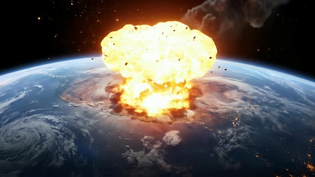 Giant asteroid impact explosion with fiery shockwave hitting planet Earth seen from space